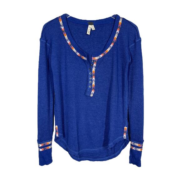 Free People Rainbow Thermal Henley Top XS Blue Long Sleeve Embroidered Boho - Picture 2 of 7